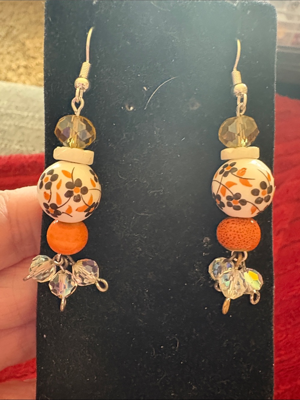 Hand Crafted Orange Floral Ceramic Bead Dangle Earrings with Crystal Drops